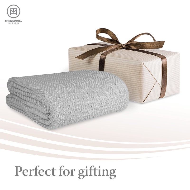 Threadmill Luxury Cotton Blankets for King Size Bed | All-Season Cozy 100% Cotton King Size Blanket | Herringbone Soft Fall Thermal Blanket fits California King Size Bed | Light Grey - Image 4